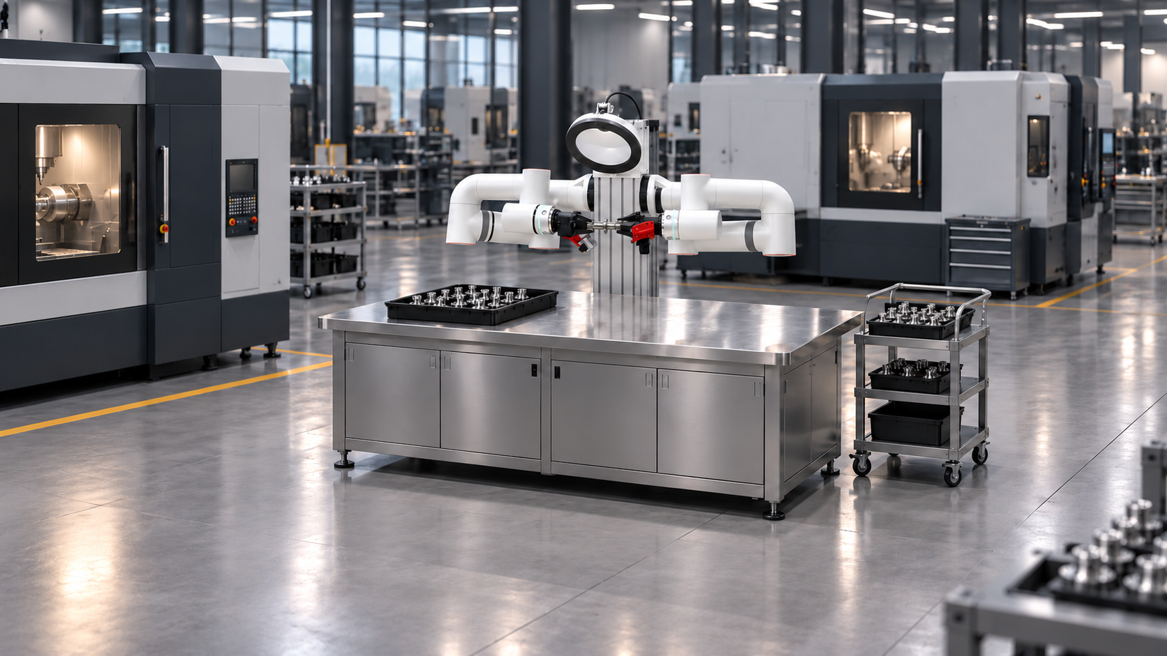 Concept of the industrial workstation configured for precision-parts inspection in a factory