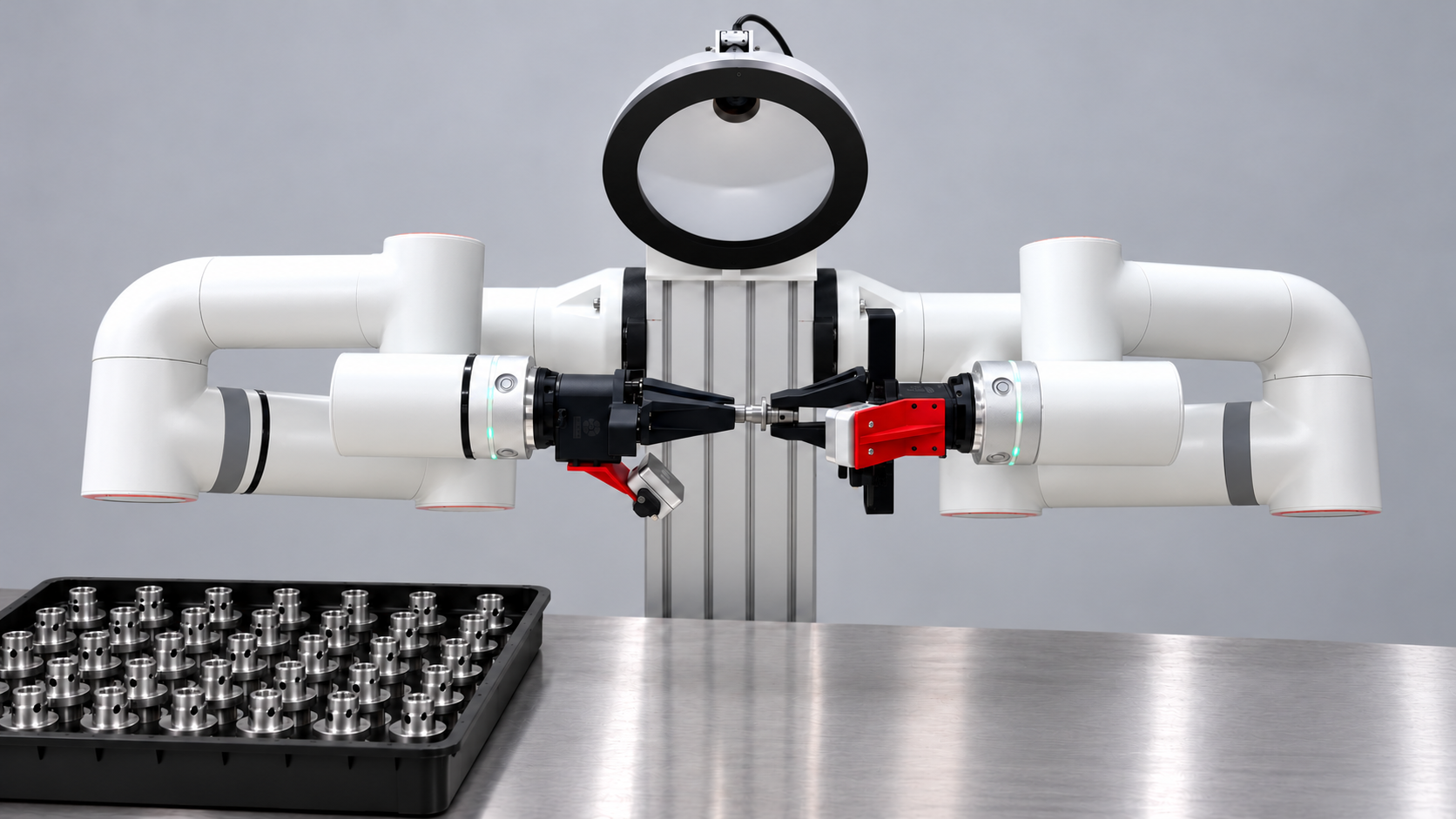The industrial workstation holding a cylindrical metal part horizontally under inspection lighting; product illustration