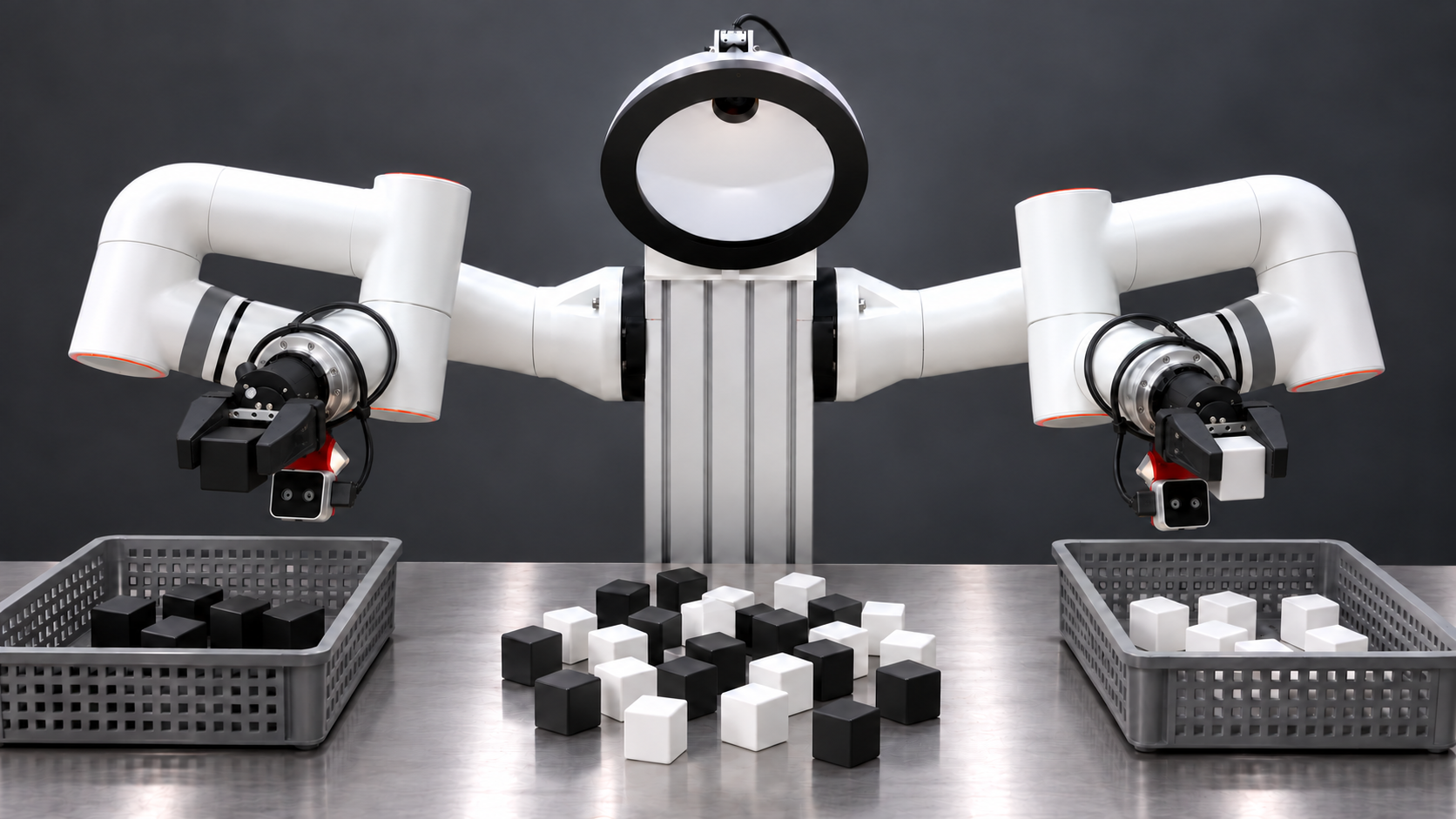 General-purpose dual-arm industrial workstation sorting black and white blocks into separate trays; product illustration